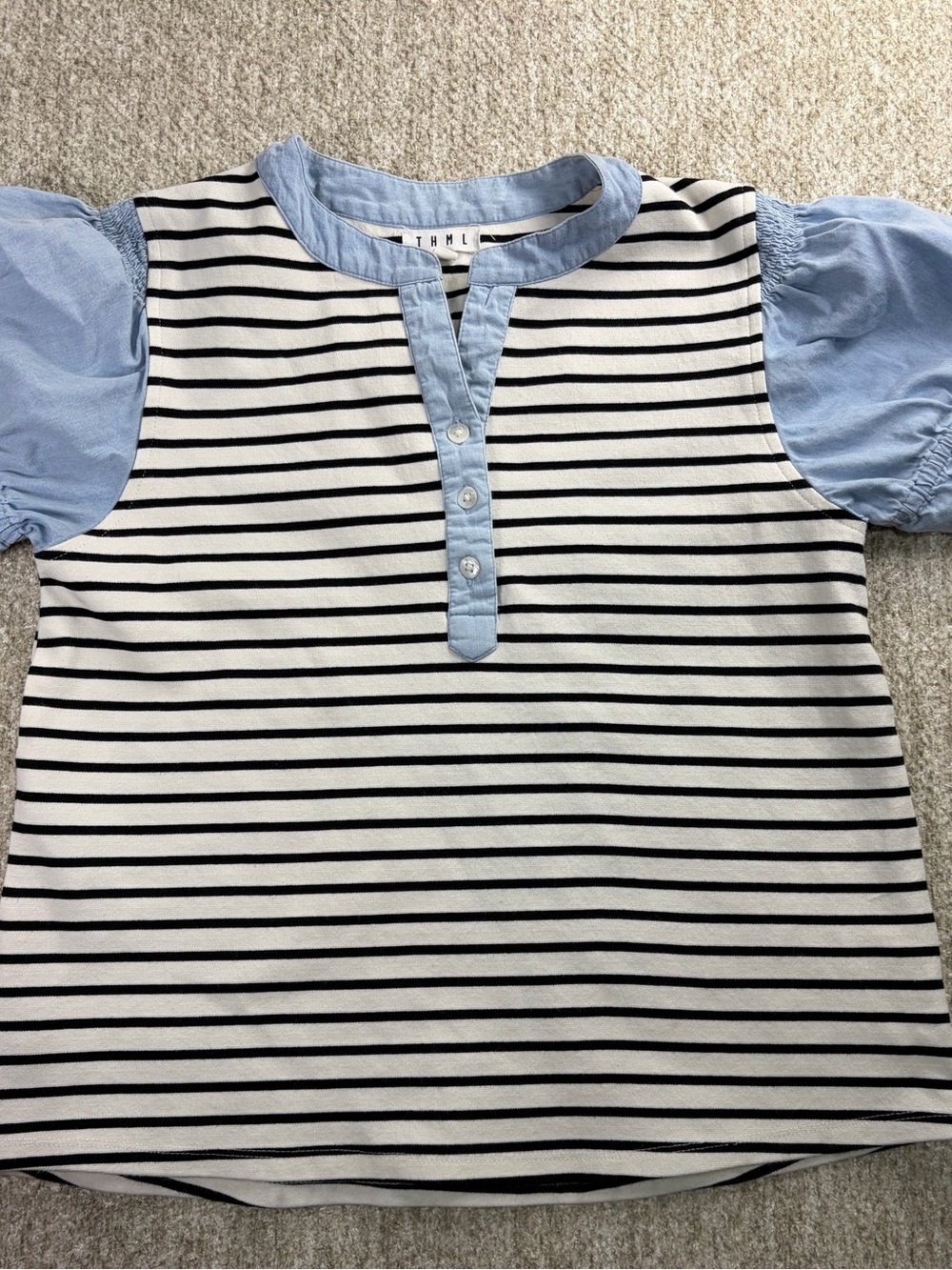 THML Black & White Striped Henley with Light Blue Puff Sleeves
